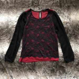 Sheer red and black floral long sleeve top - XS